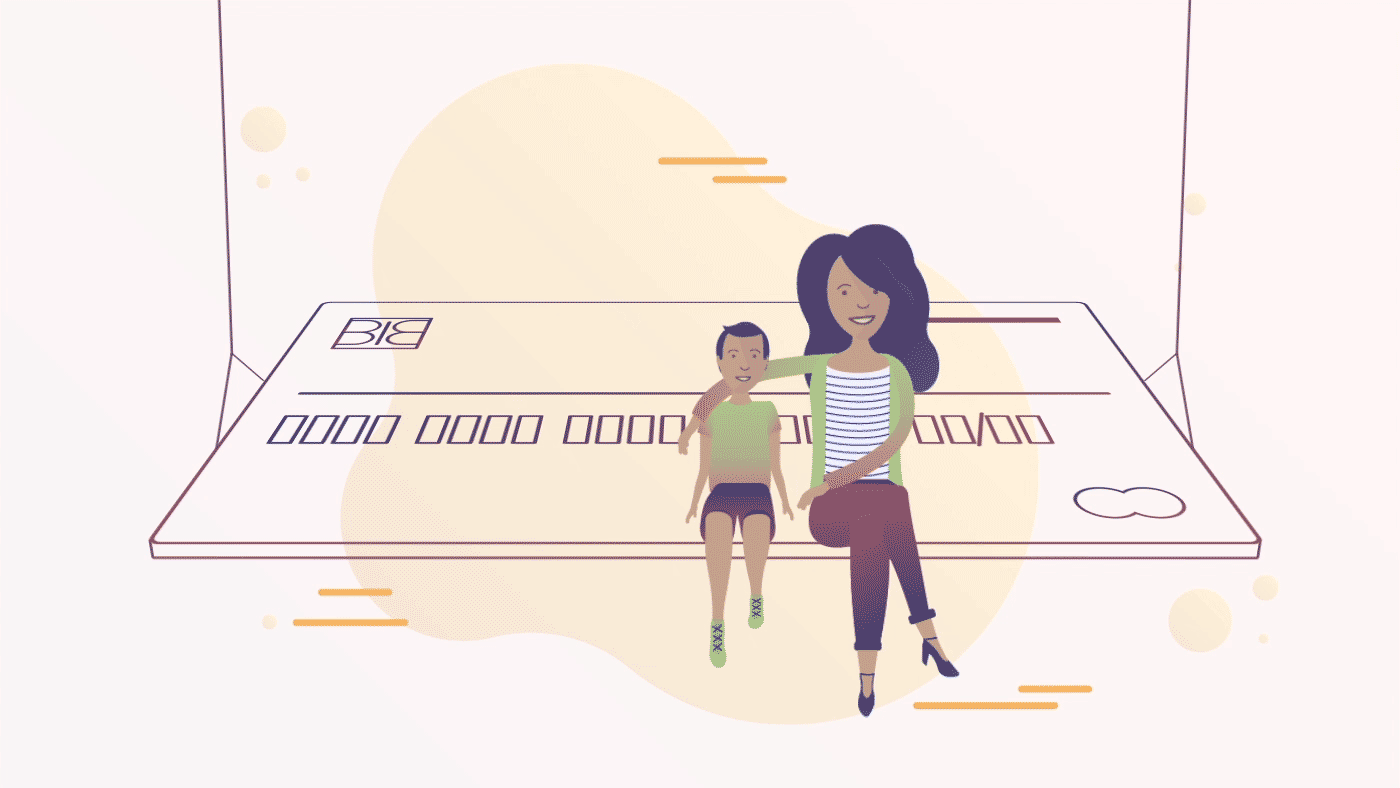 Illustration of a mother and son sitting on a swing made from a credit card